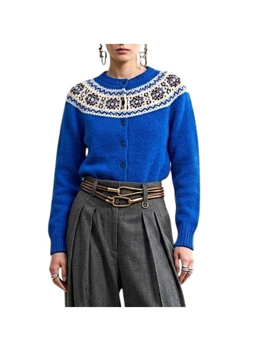 Vintage 70s 80s pure Shetland wool blue fair isle old money cardigan sweater